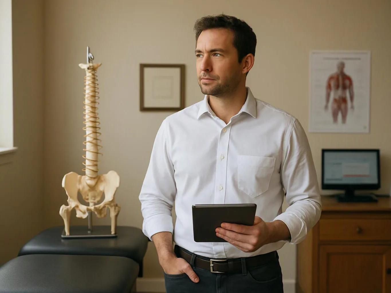 A man in a white shirt holds a tablet in a medical office beside a spine model and anatomy posters