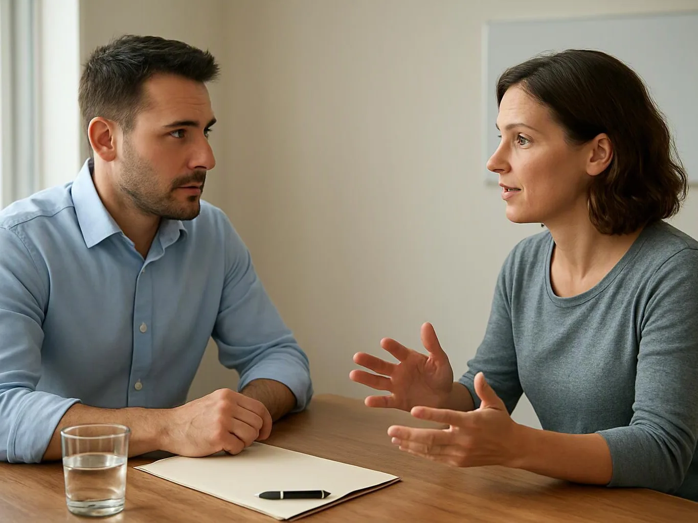 A man and woman sit across a table, talking with papers, a pen, and a glass of water between them