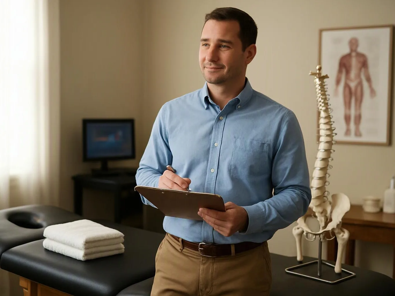 A man writes on a clipboard in a clinic room beside an anatomy poster and spine model