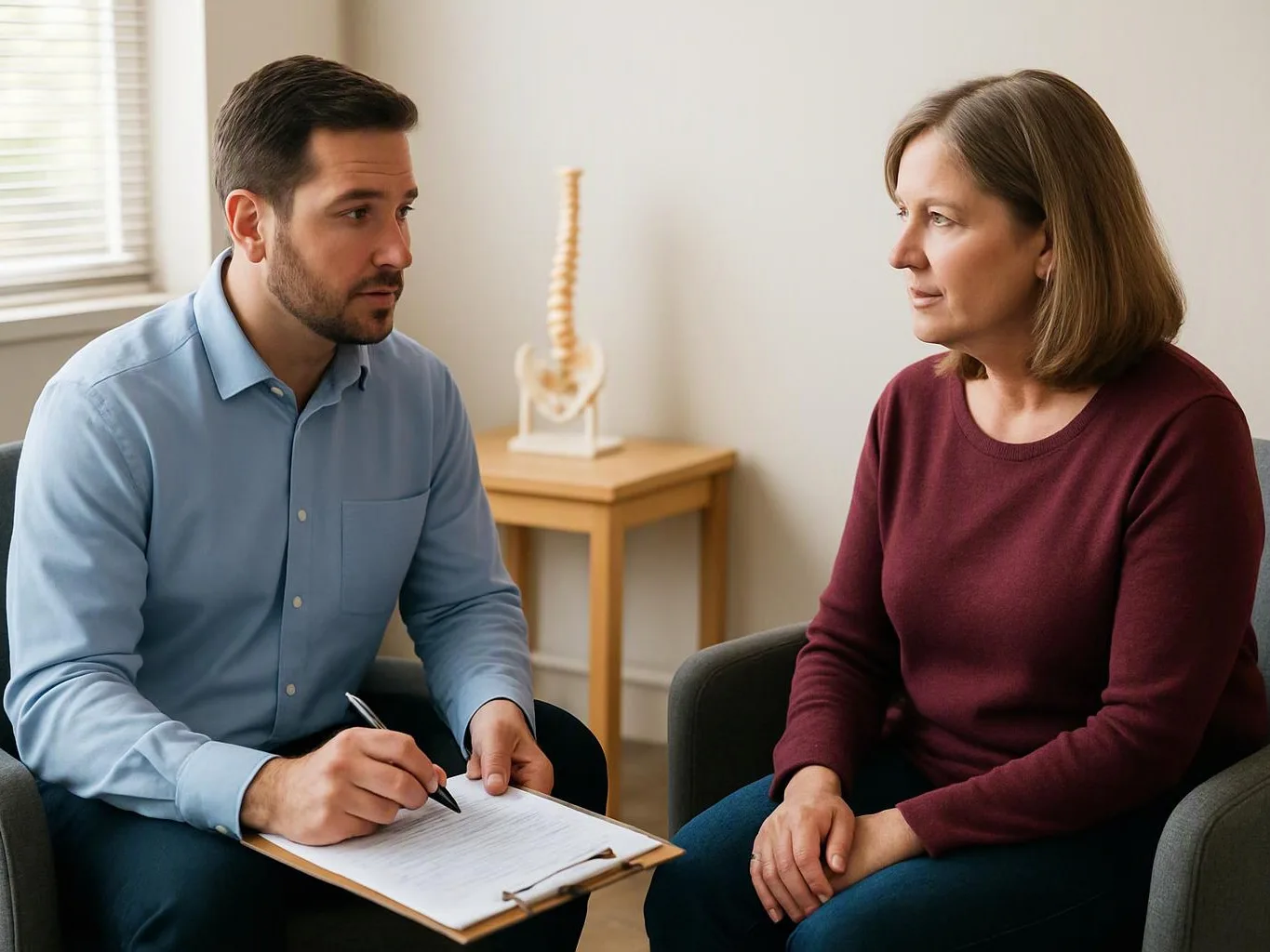 A man writes on a clipboard while talking with a seated woman in a bright office, with a spine model behind them