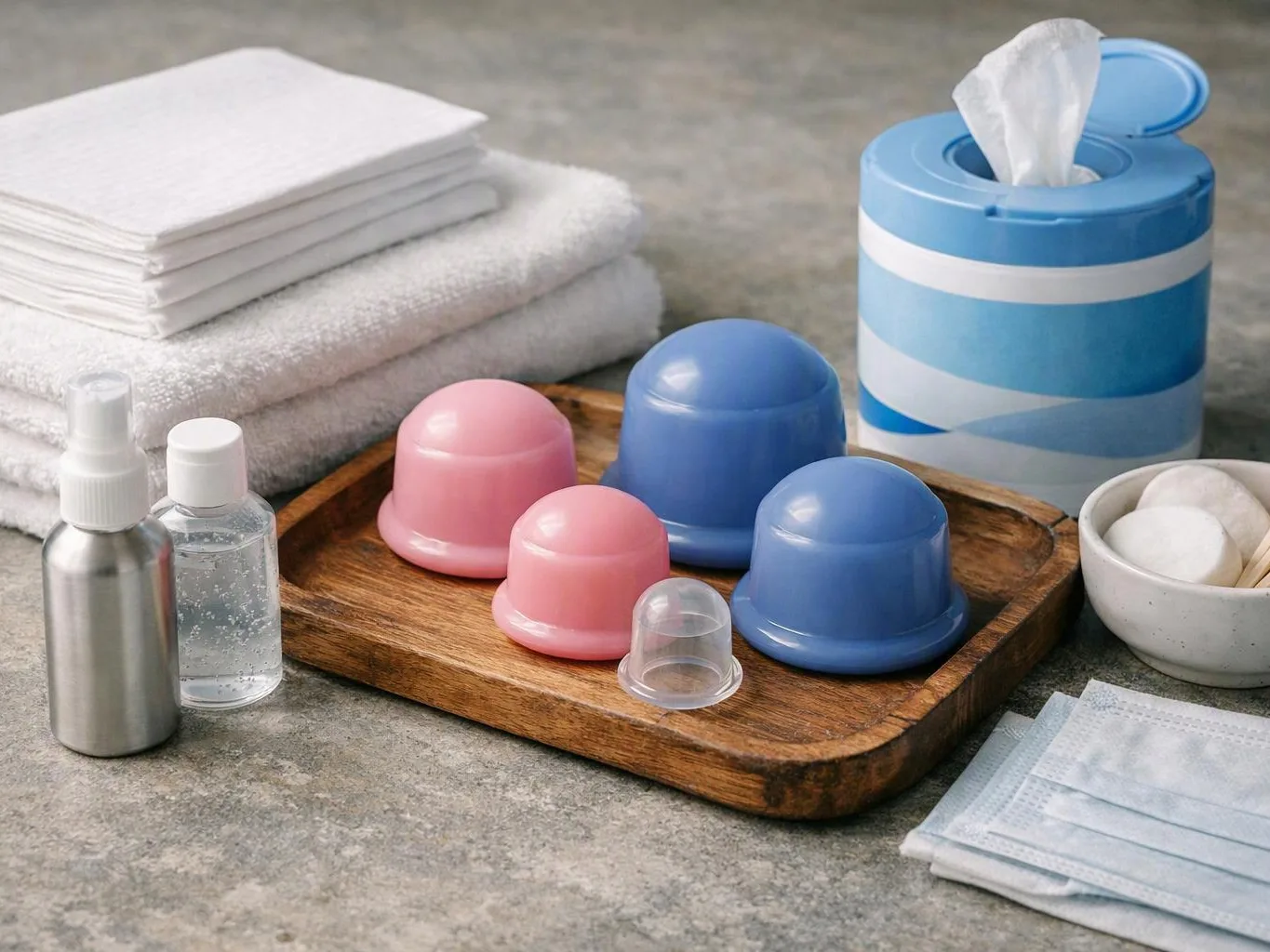 A neat bathroom still life shows reusable cups, towels, tissues, bottles, masks, and cotton pads on a stone surface
