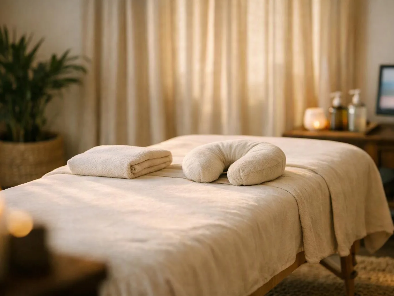 A neatly made massage bed holds folded towels and a neck pillow in a calm, softly lit room