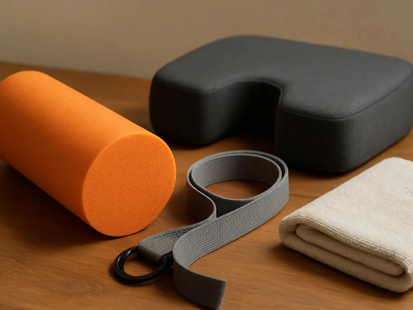 An orange foam roller, black U-shaped cushion, gray strap, and folded white towel rest on a wooden surface