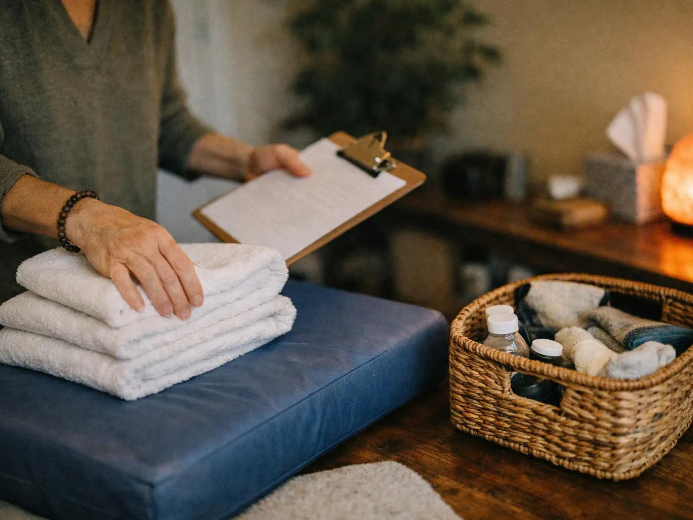 A person folds white towels on a blue cushion beside a wicker basket of toiletries in a warm room