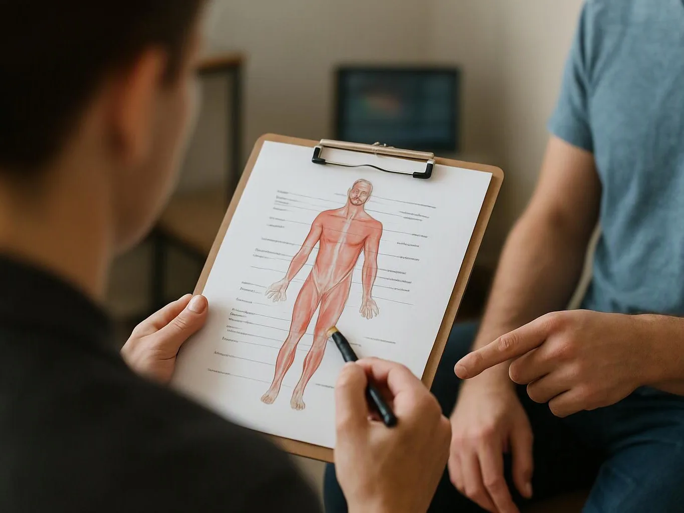 A person points at a human body chart on a clipboard while another sits nearby in a room