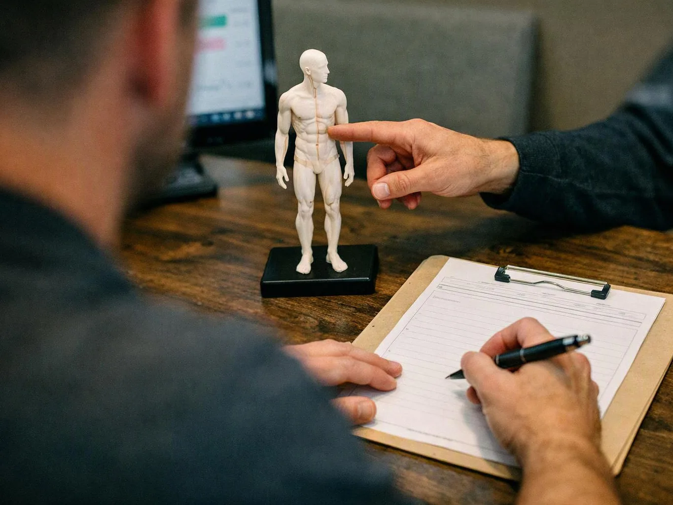 A person points at a small human anatomy model while another writes on a clipboard at a desk