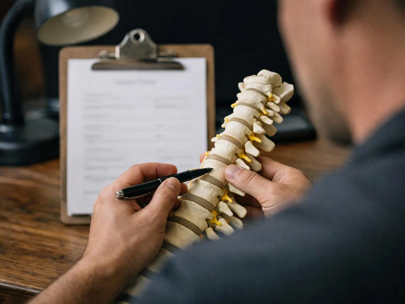 A person points at a spine model with a pen beside a clipboard on a wooden desk