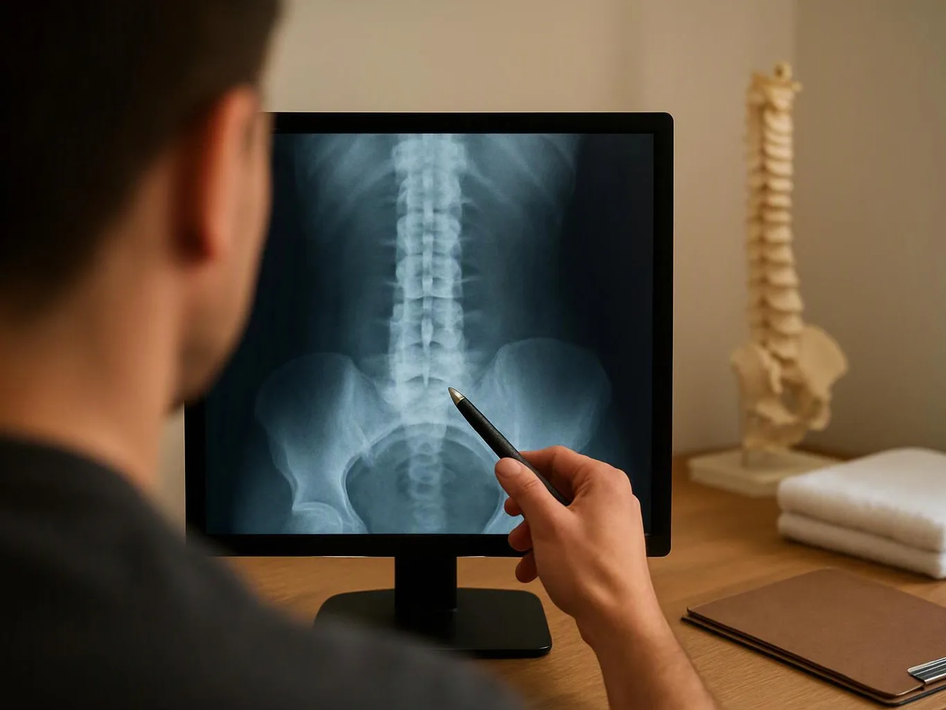 A person points at a spine X-ray on a desktop monitor in a clinic-like room