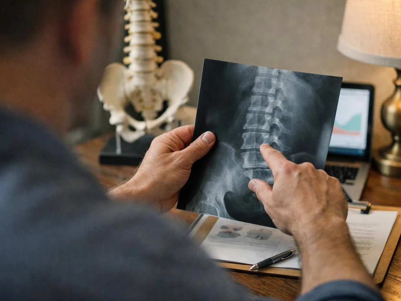 A person points at a spine X-ray held over a desk with a laptop and lamp nearby