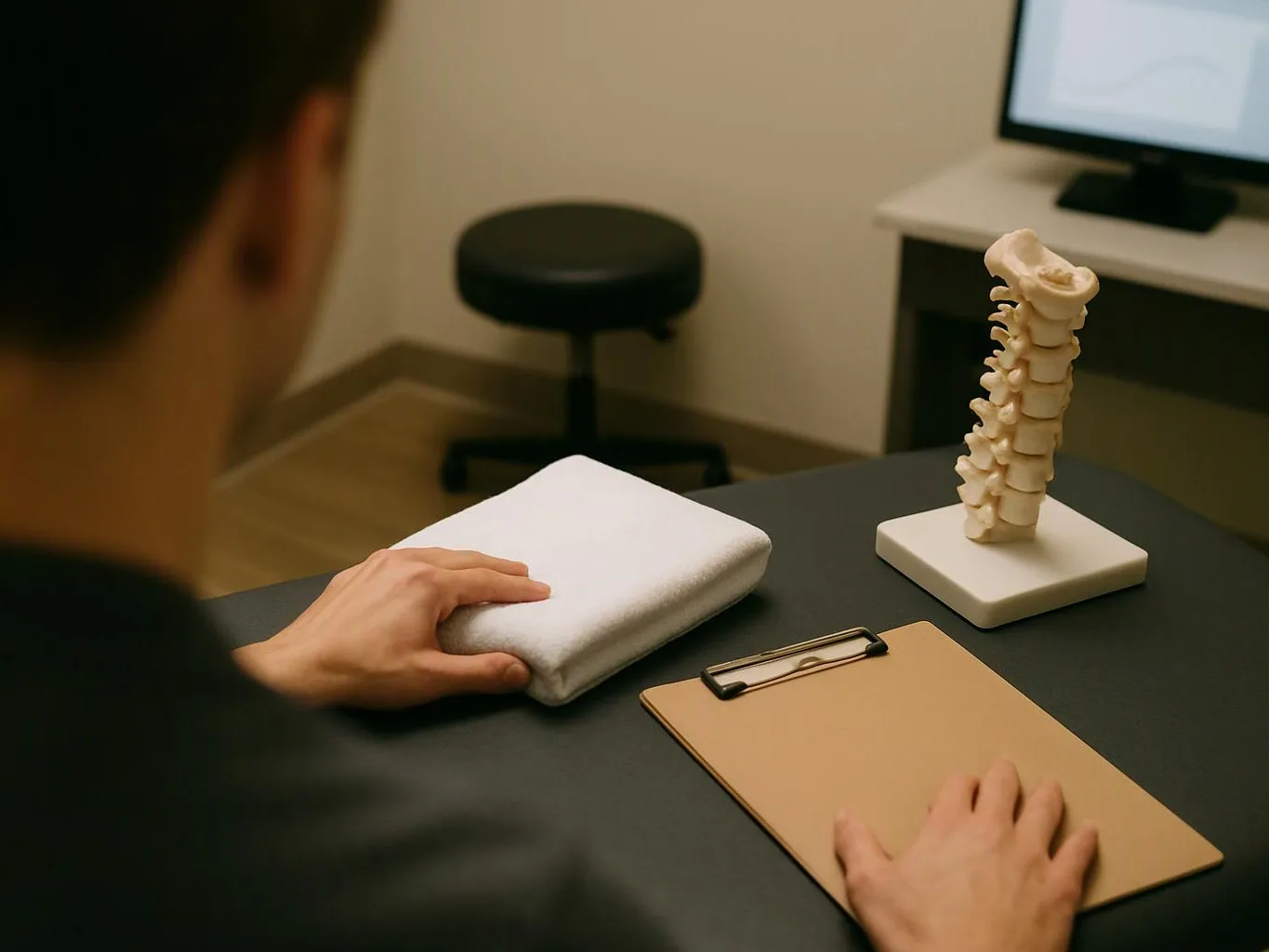 A person sits at a desk with a folded towel, a clipboard, and a spine model in a small exam room
