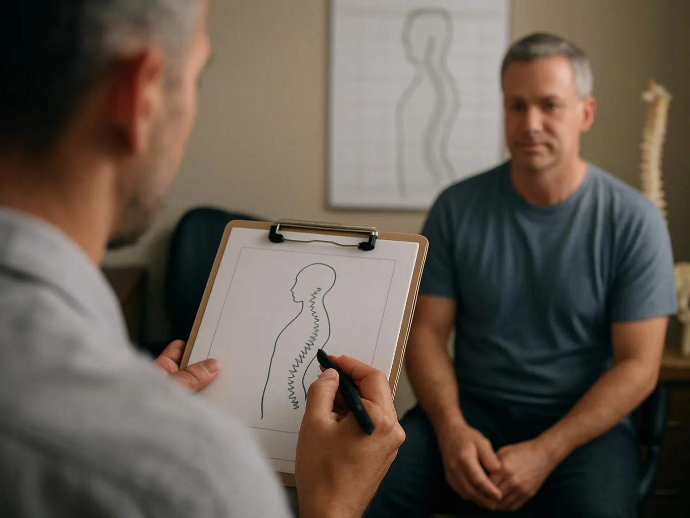 A person sketches a spine on a clipboard while a seated man listens in a clinic room