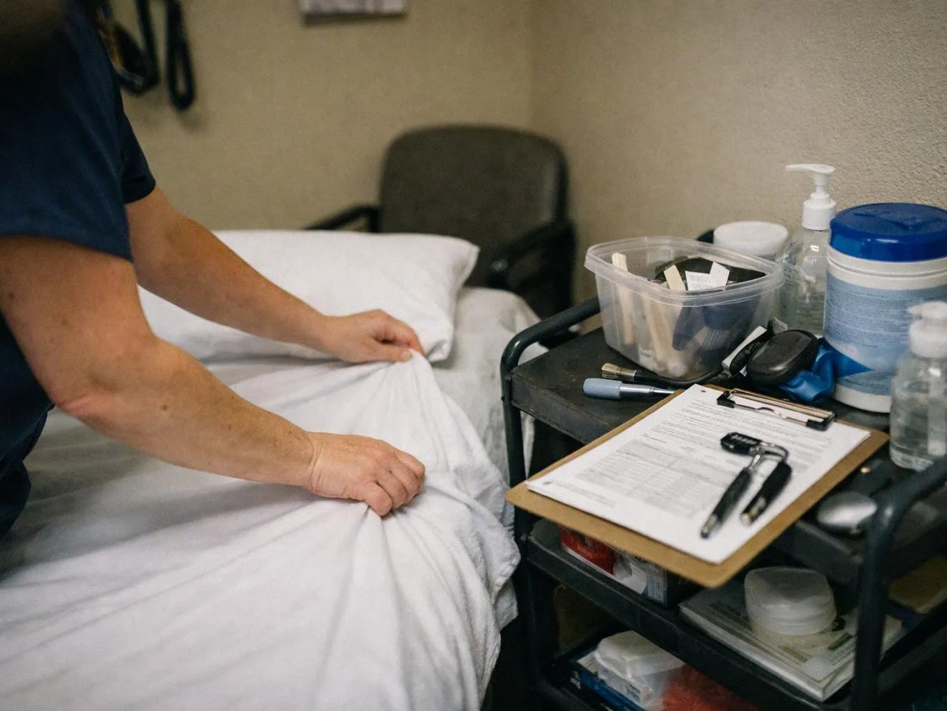 A person straightens white hospital bedding beside a cart with medical supplies and paperwork