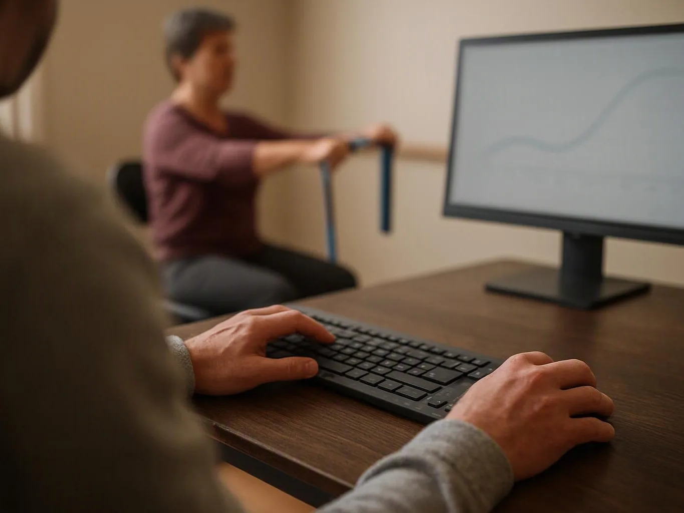 A person types on a keyboard while another sits holding resistance bands beside a monitor showing a faint line graph