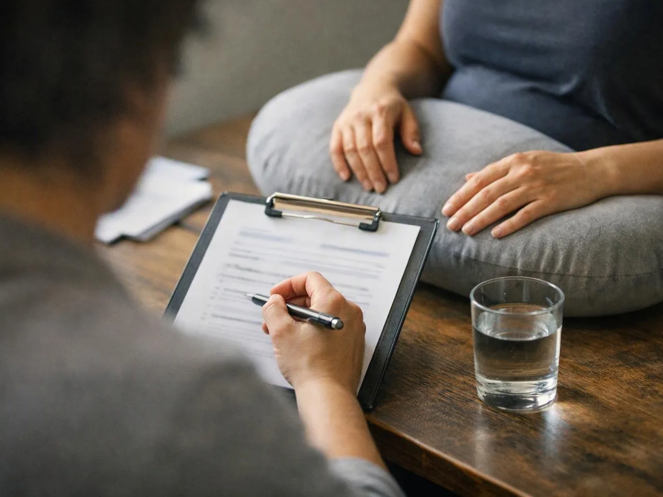 A person writes on a clipboard while another sits with hands on a gray cushion beside a glass of water