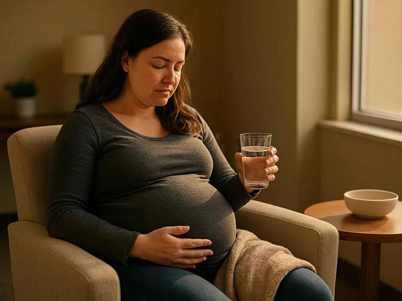 A pregnant woman sits in a beige chair, holding a glass of water in a softly lit room