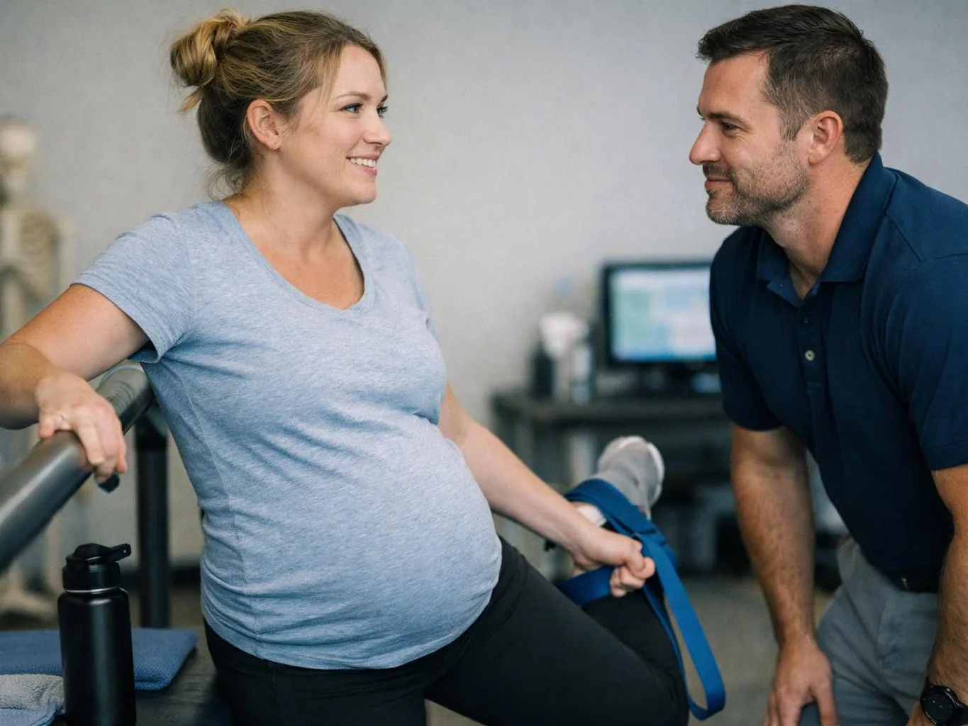 A pregnant woman stretches on a mat while a man in a polo shirt smiles beside her in a gym