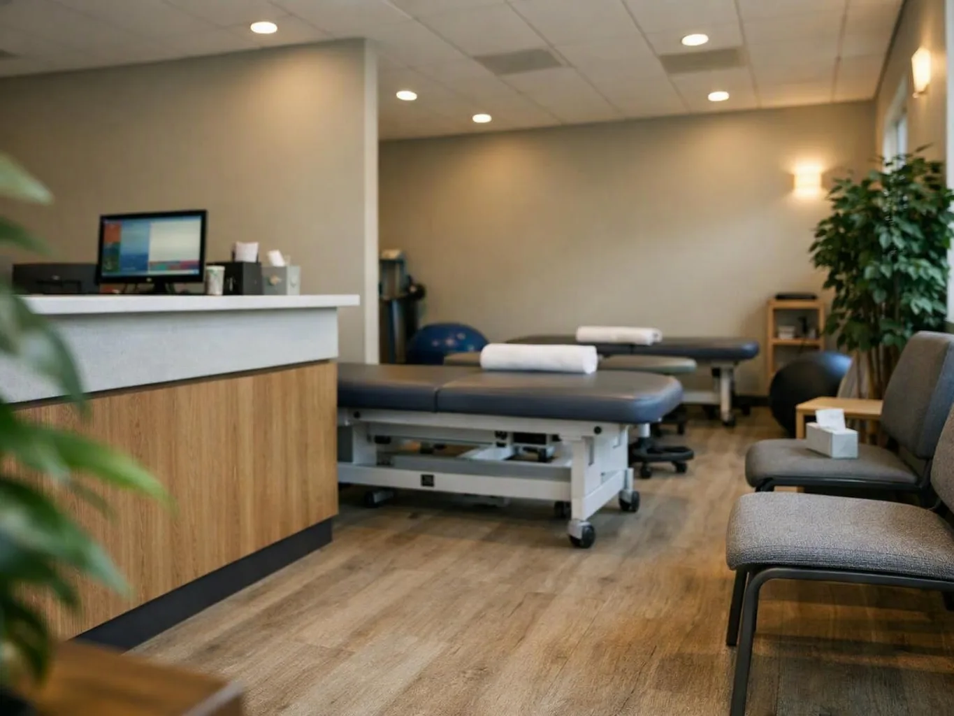 A quiet clinic waiting room has treatment tables, gray chairs, a reception desk, and a potted plant