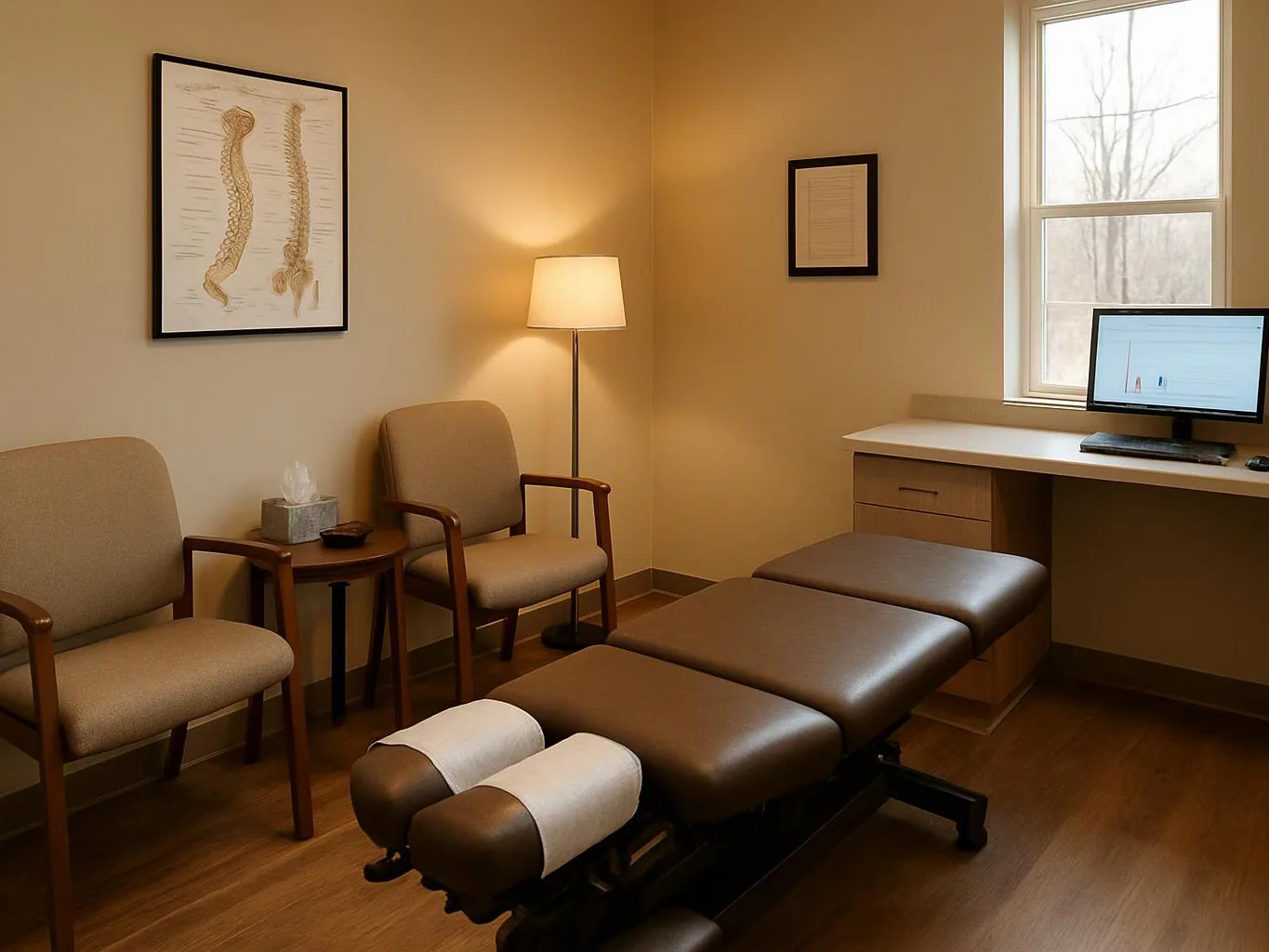 A quiet exam room shows a treatment table, two waiting chairs, a floor lamp, and a desk by the window