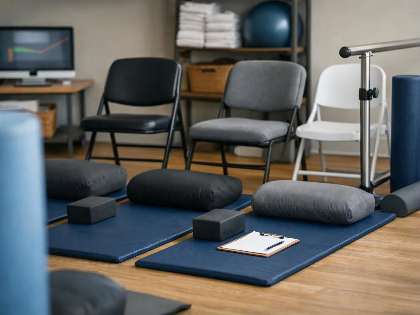 A quiet exercise studio shows yoga mats, cushions, blocks, and folding chairs on a wooden floor