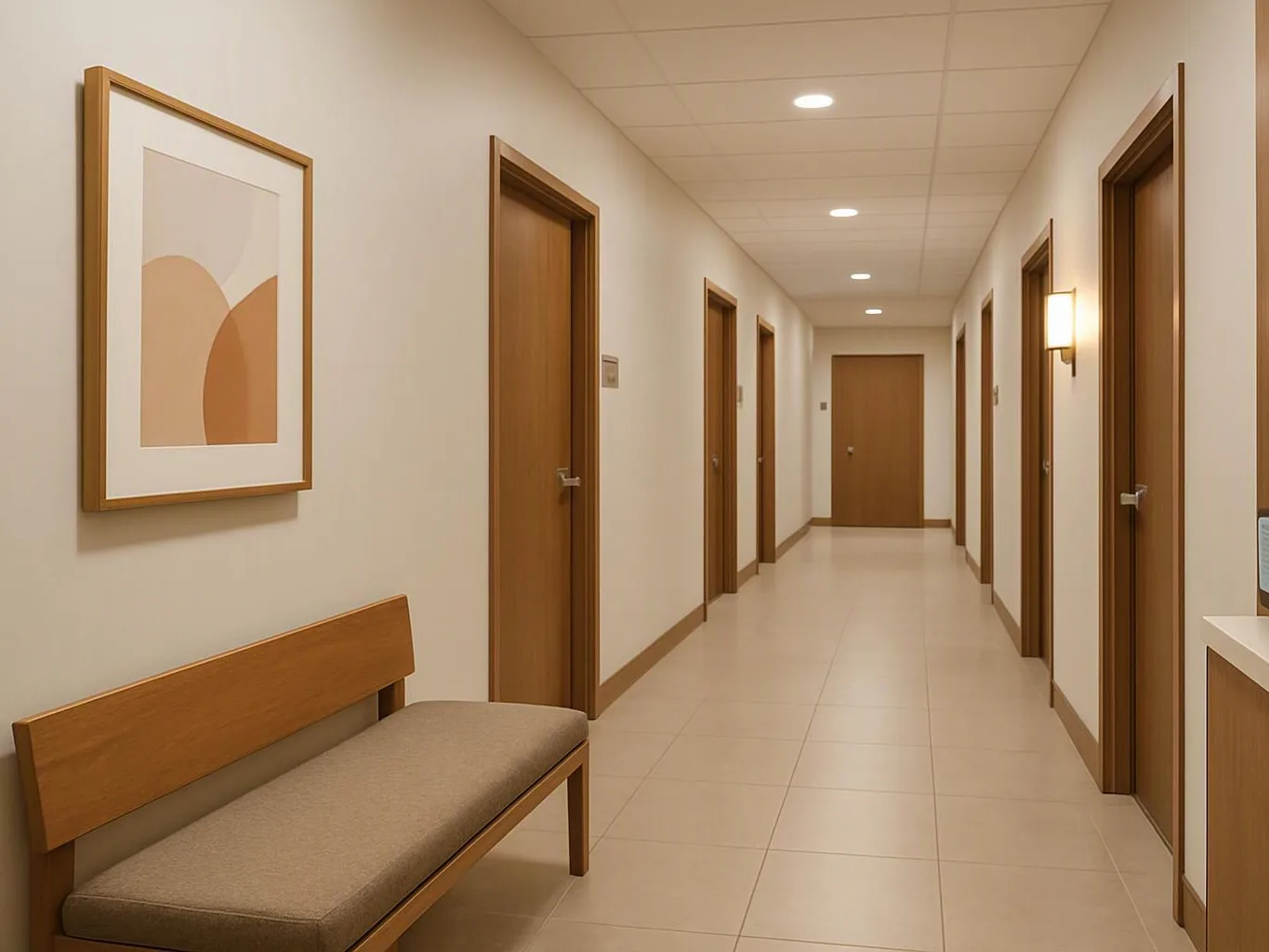 A quiet hallway with wooden doors, wall art, a bench, and warm ceiling lights stretches into the distance