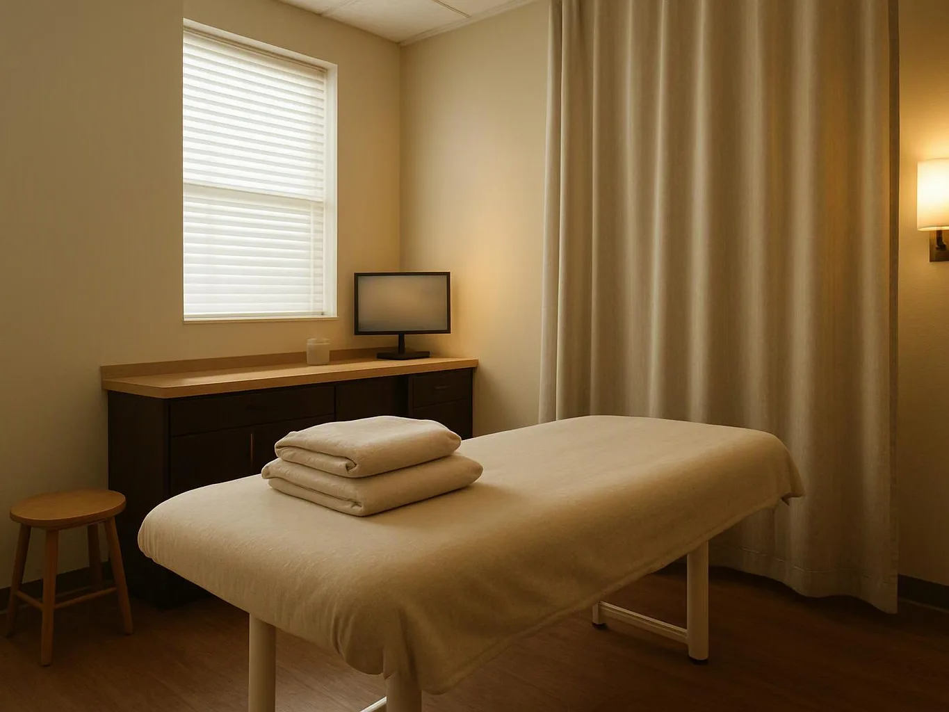 A quiet massage room shows a covered table with folded towels, a small monitor, a stool, and curtains