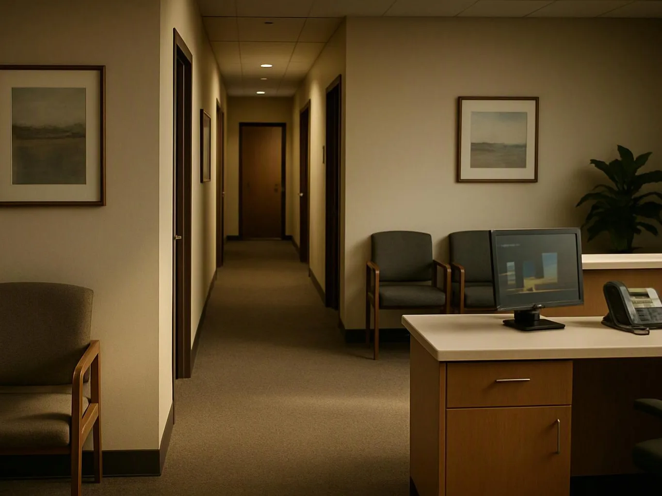 A quiet office hallway with chairs, framed pictures, a desk, a monitor, and a phone in warm light