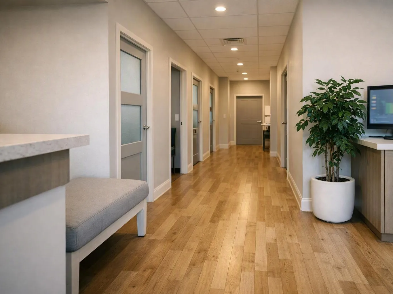 A quiet office hallway with closed doors, wooden floors, a bench, and a potted plant