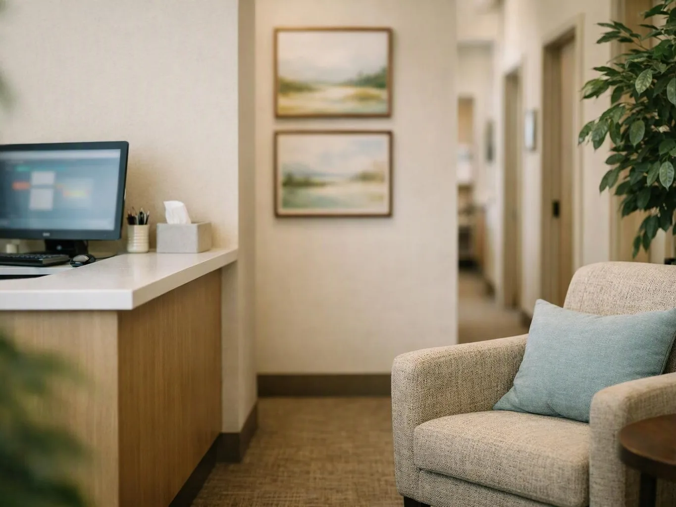 A quiet office waiting area shows a desk, computer, armchair, hallway, and framed wall art