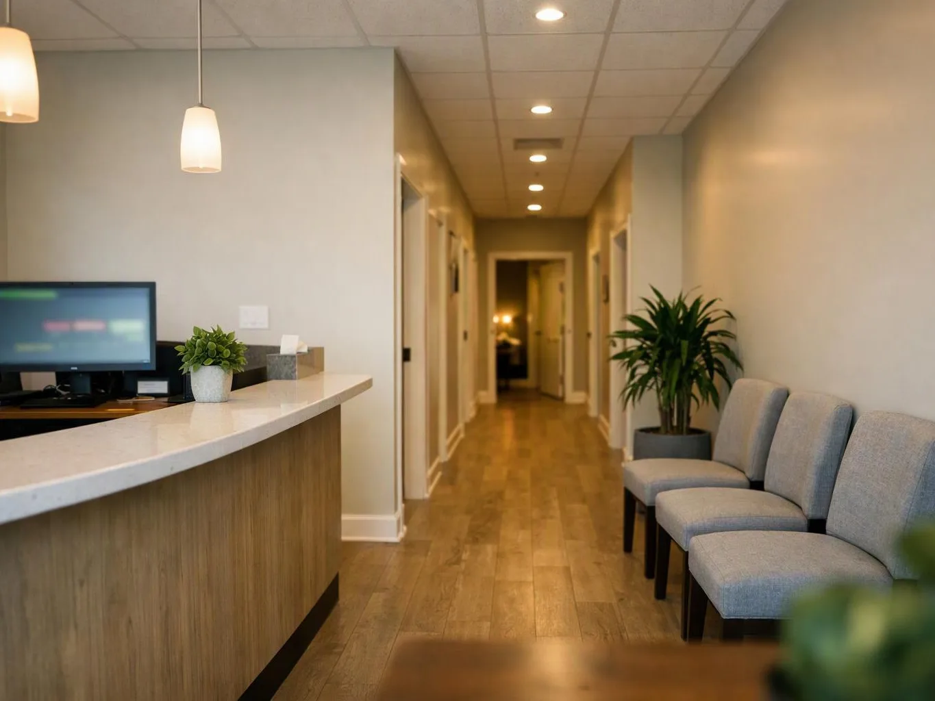 A quiet reception area shows a front desk, hallway, gray chairs, potted plants, and warm ceiling lights