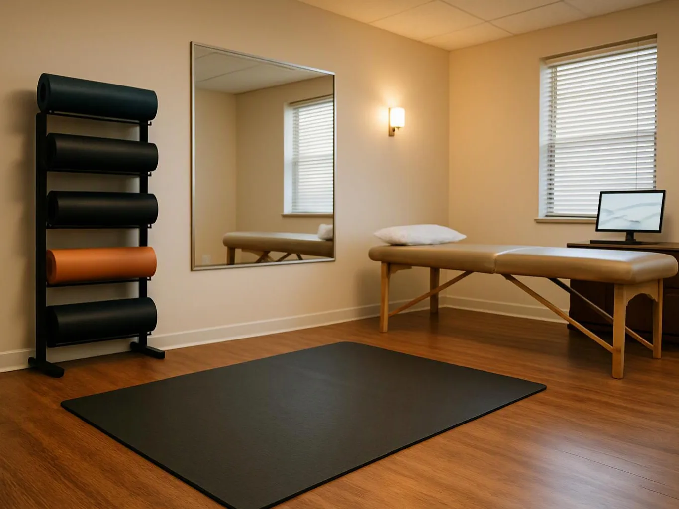 A quiet therapy room with massage tables, rolled mats, a wall mirror, and a laptop near the window