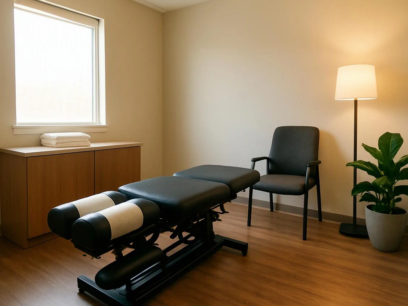 A quiet treatment room holds a black adjustable table, chair, floor lamp, cabinet, and potted plant