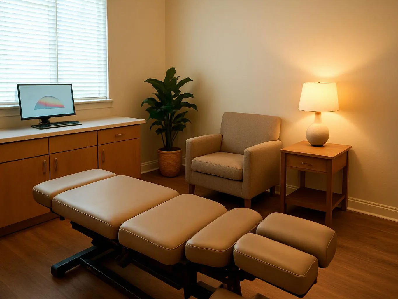 A quiet treatment room shows a padded exam table, chair, lamp, plant, and a small computer on the cabinet