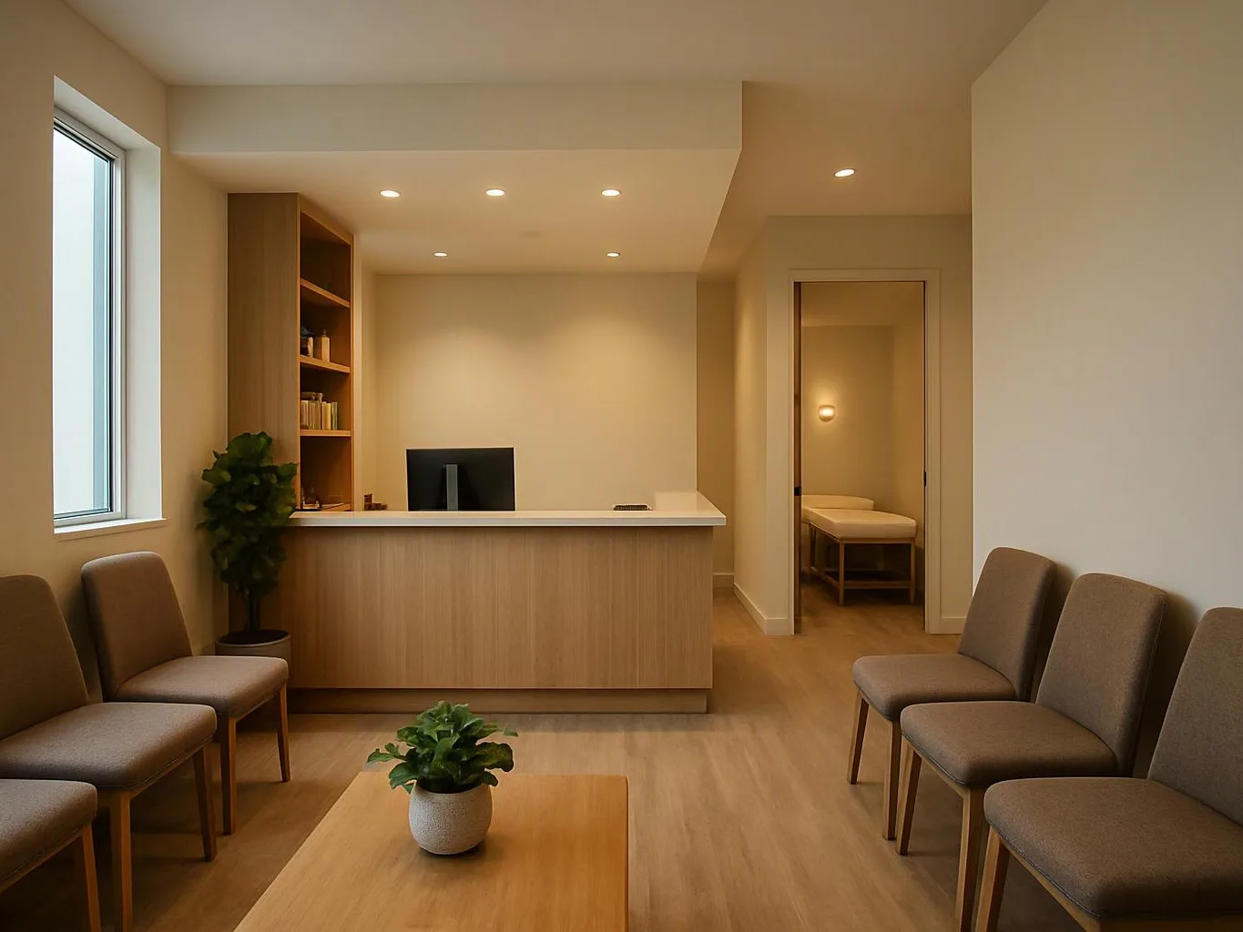 A quiet waiting room has gray chairs, a wood reception desk, and a small treatment room visible through the doorway