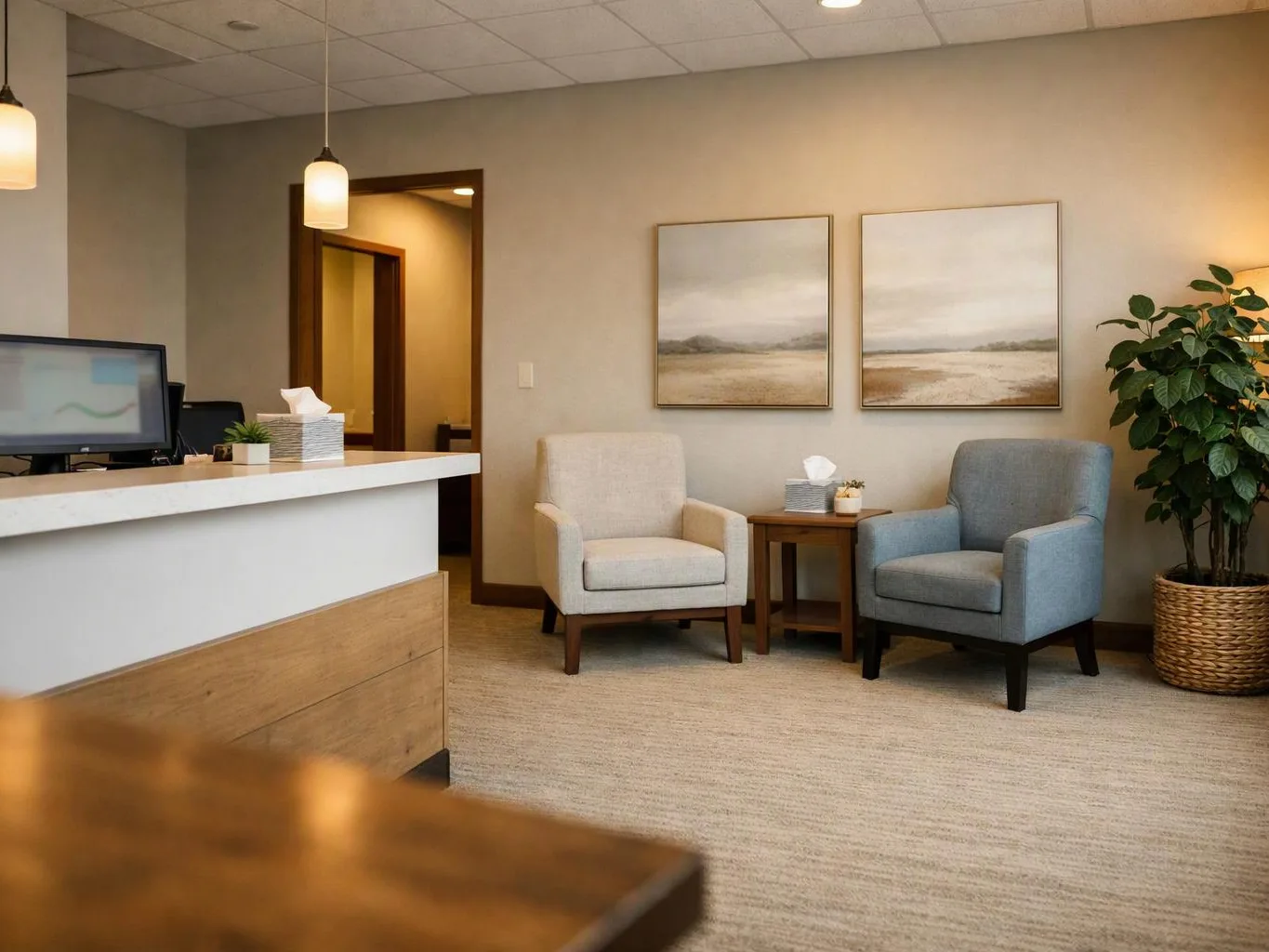 A quiet waiting room has two armchairs, a reception desk, wall art, and a potted plant
