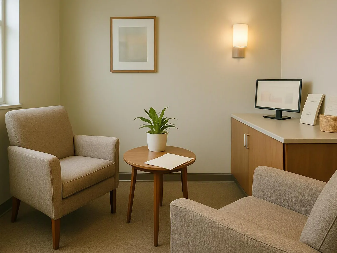 A quiet waiting room has two beige chairs, a small table with a plant, and a cabinet with a monitor