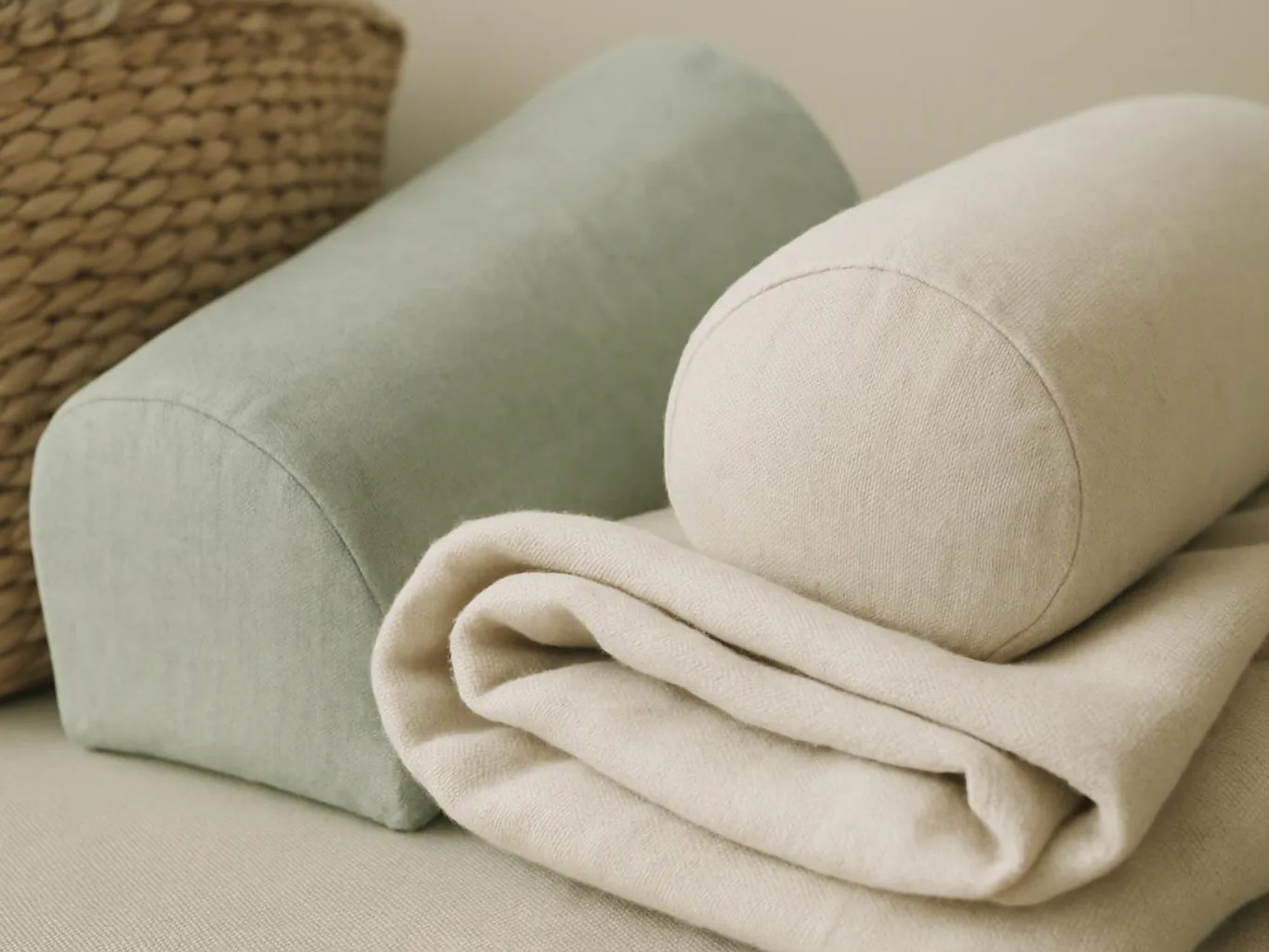 Rolled and folded cream and mint cushions rest on a beige sofa with a woven basket behind them