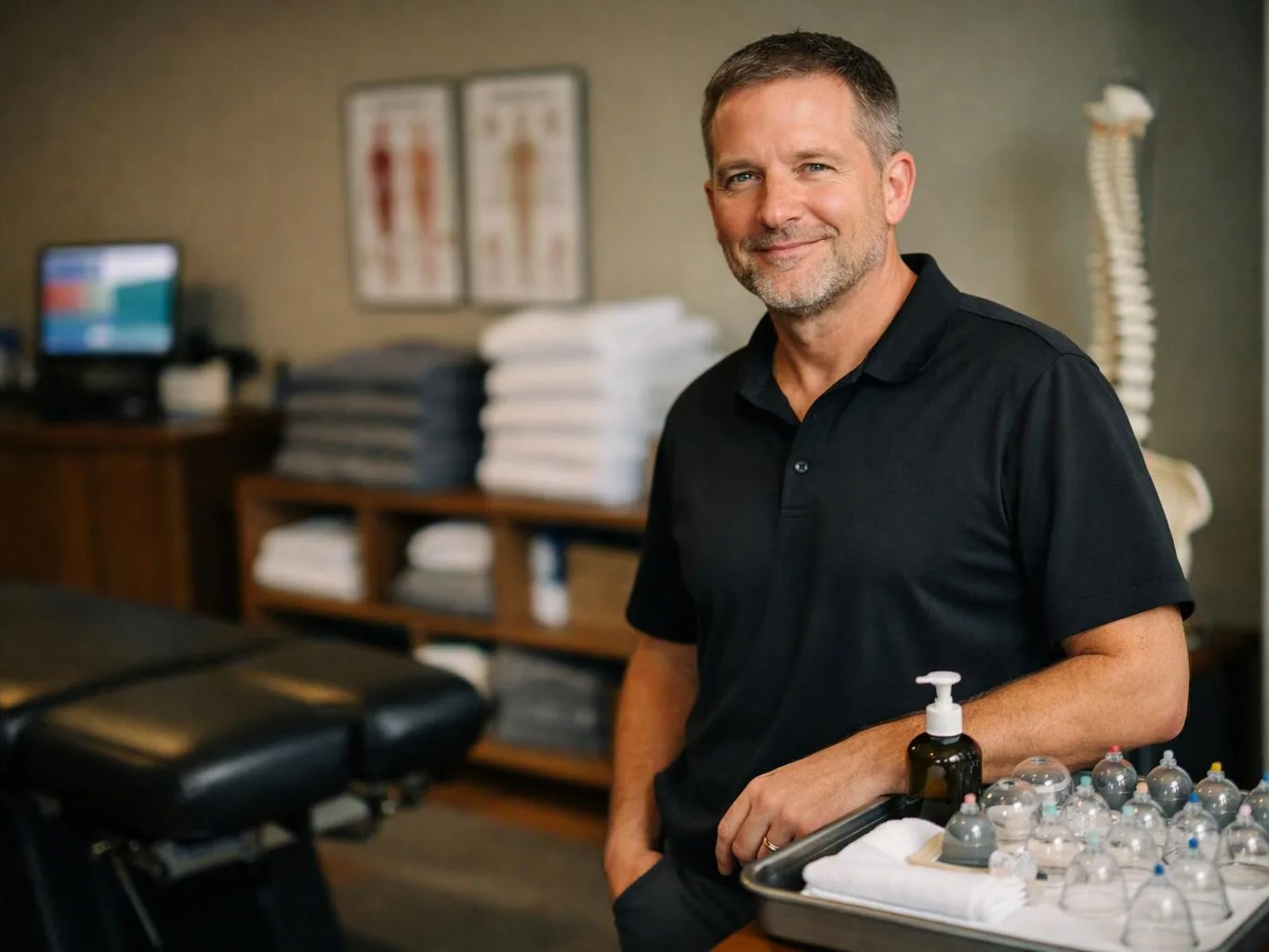 A smiling man in a black polo stands beside a treatment table in a therapy room