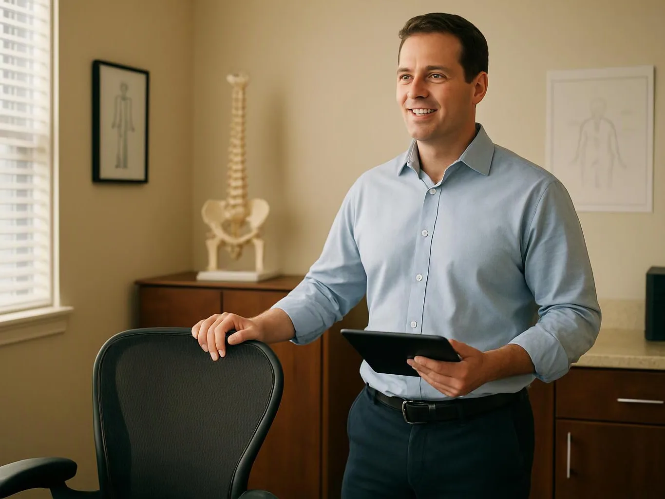 A smiling man holds a tablet in a bright exam room with spine models and framed anatomy charts
