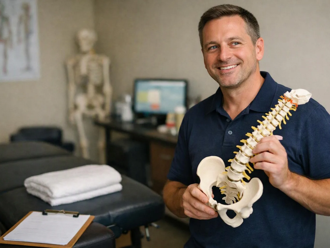 A smiling man in a navy polo holds a spine and pelvis model in a clinic room