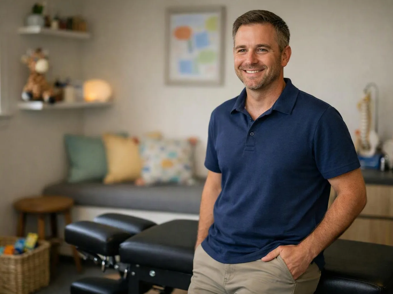 A smiling man in a navy polo stands beside a massage table in a calm clinic room