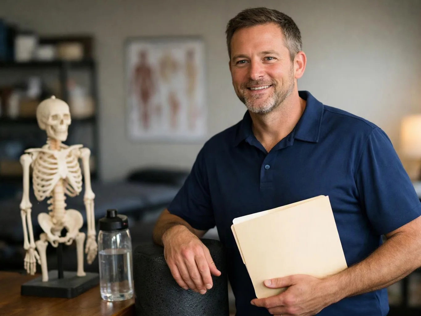 Smiling man in a navy polo stands beside a skeleton model, holding a folder in a clinic office