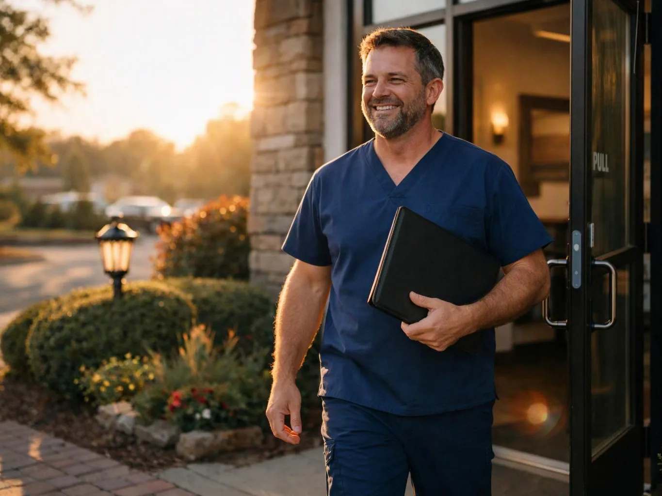 A smiling man in navy scrubs walks out of a building holding a black folder in warm sunset light