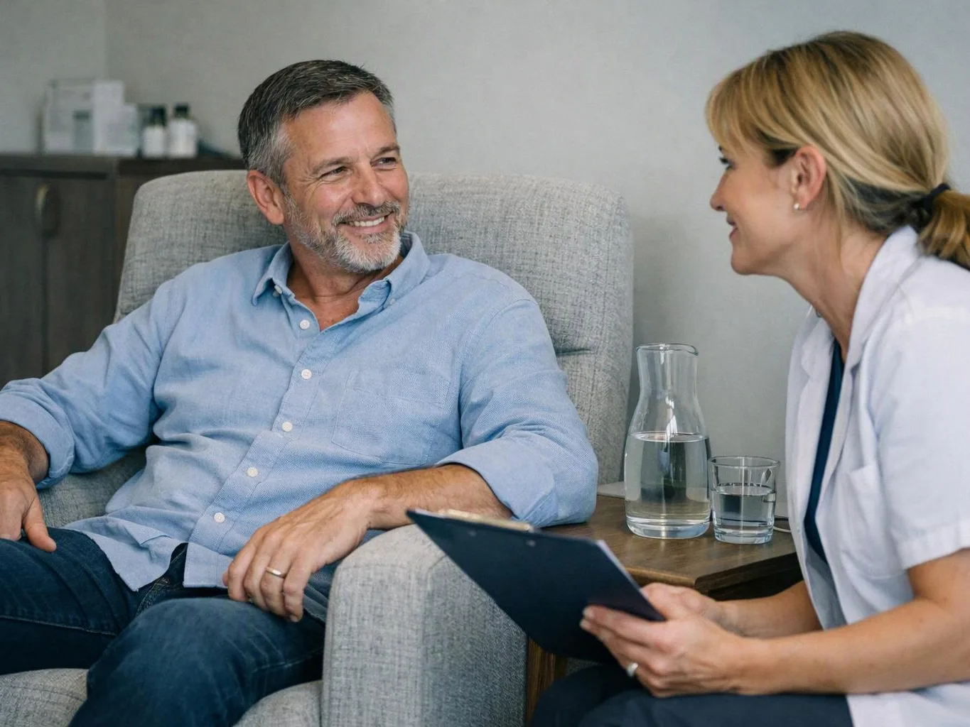 A smiling man sits in a chair while a woman in a white coat talks with him and holds a clipboard