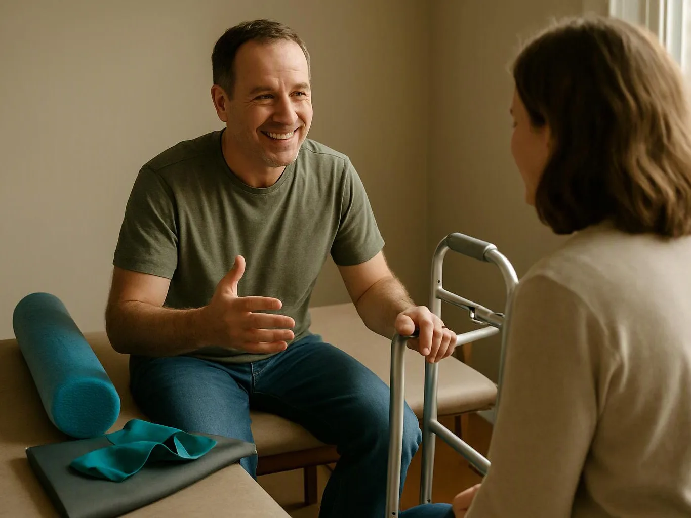A smiling man sits on a treatment table, talking to a woman beside a walker and exercise gear in a clinic room