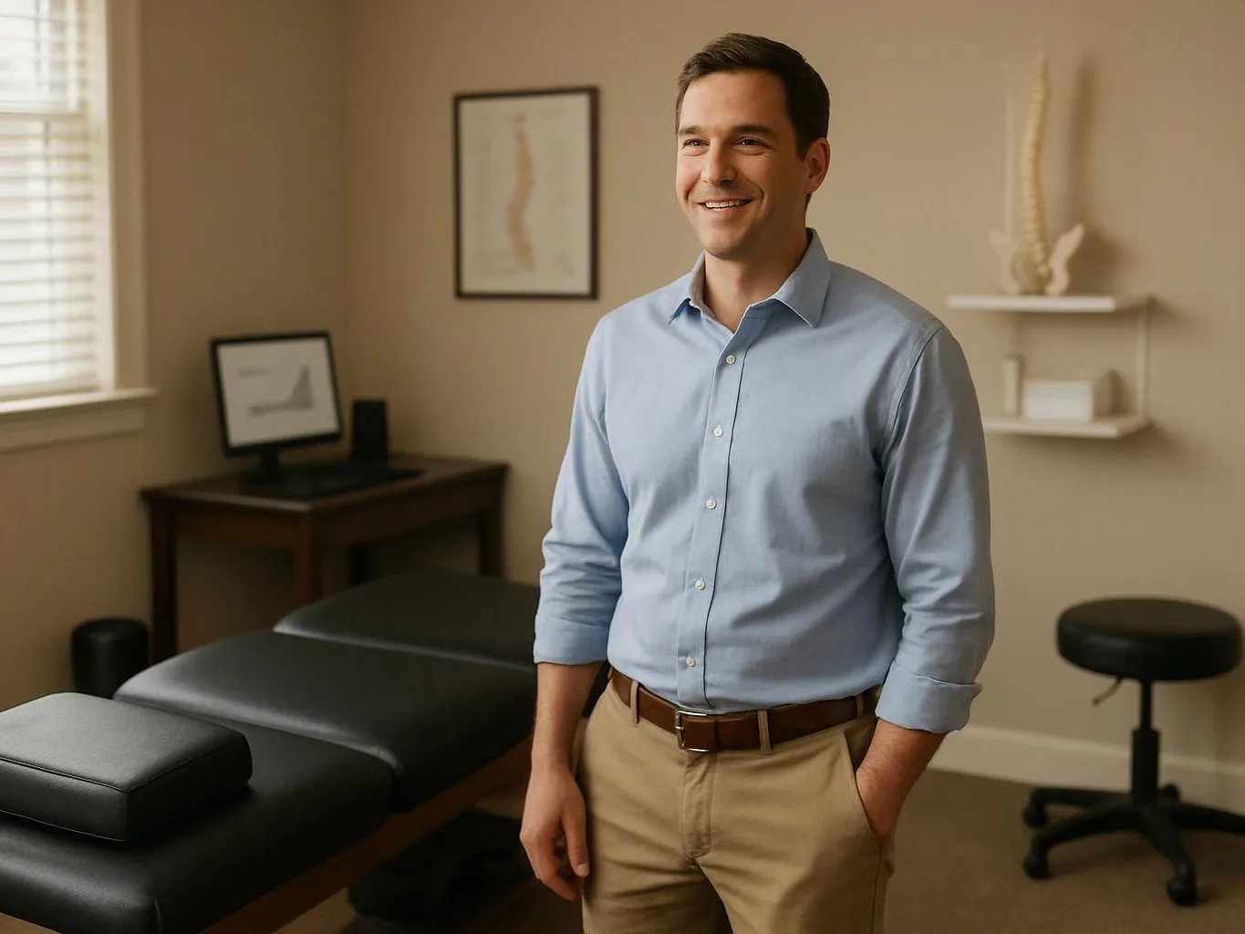 A smiling man stands in a massage treatment room with a table, desk, stool, and framed wall art