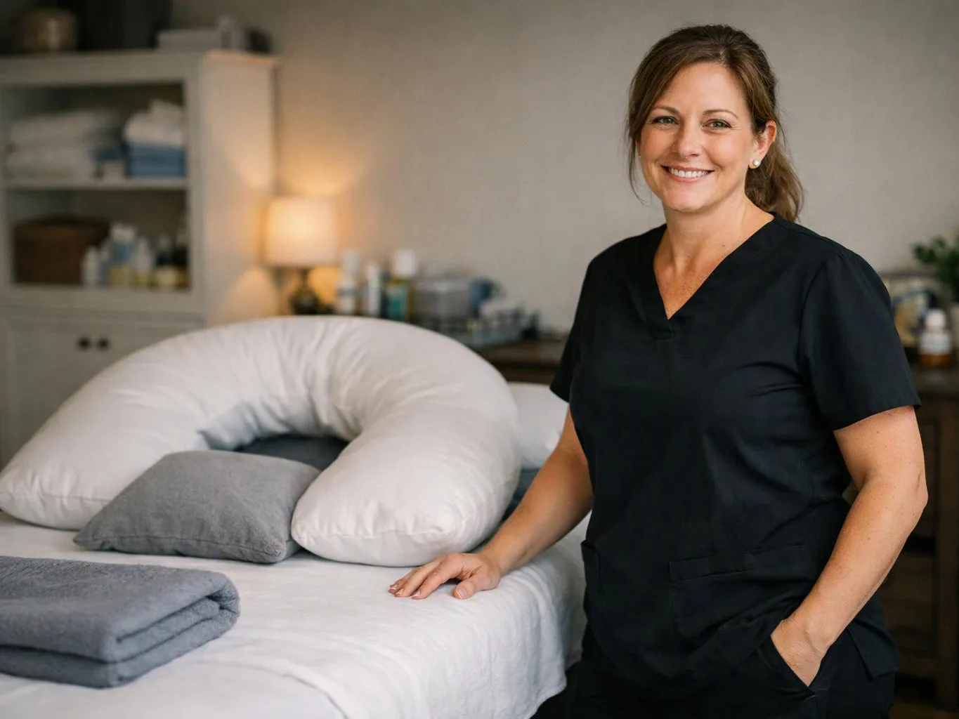 A smiling woman in black scrubs stands beside a massage table with pillows and folded towels in a calm treatment room