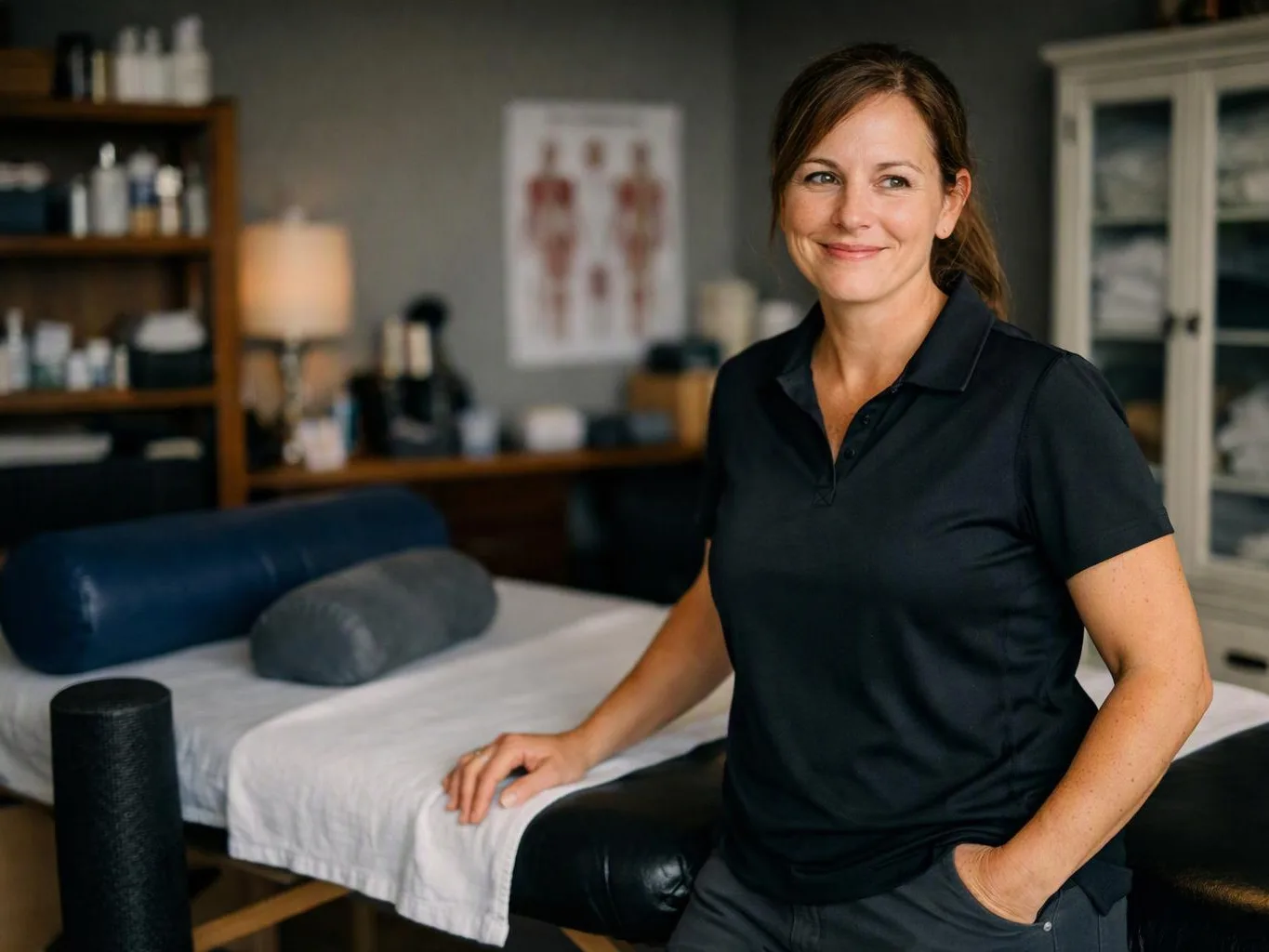 A smiling woman stands beside a massage table in a calm treatment room