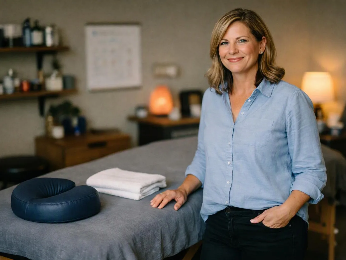 A smiling woman stands beside a massage table with folded towels and a neck pillow in a calm treatment room