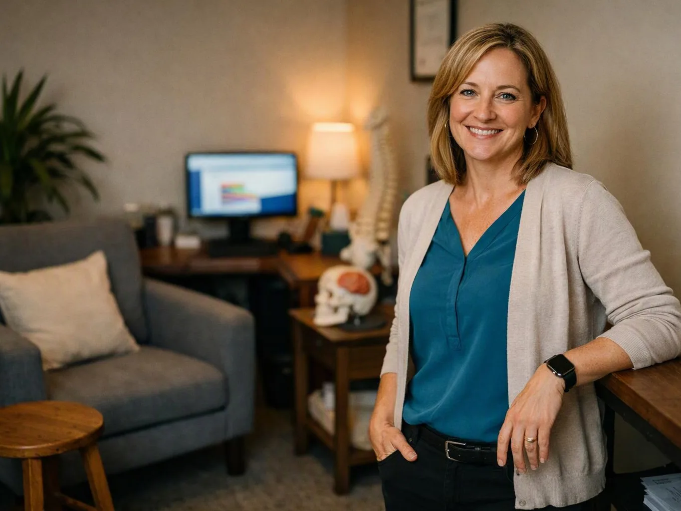 A smiling woman stands in a cozy office, with a desk, lamp, chair, computer, and model spine behind her