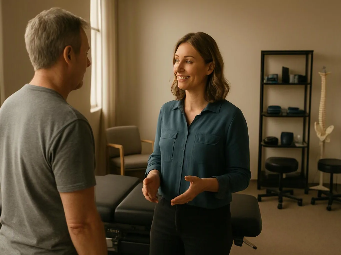 A smiling woman talks with a man in a quiet therapy room with exam tables and shelves behind them